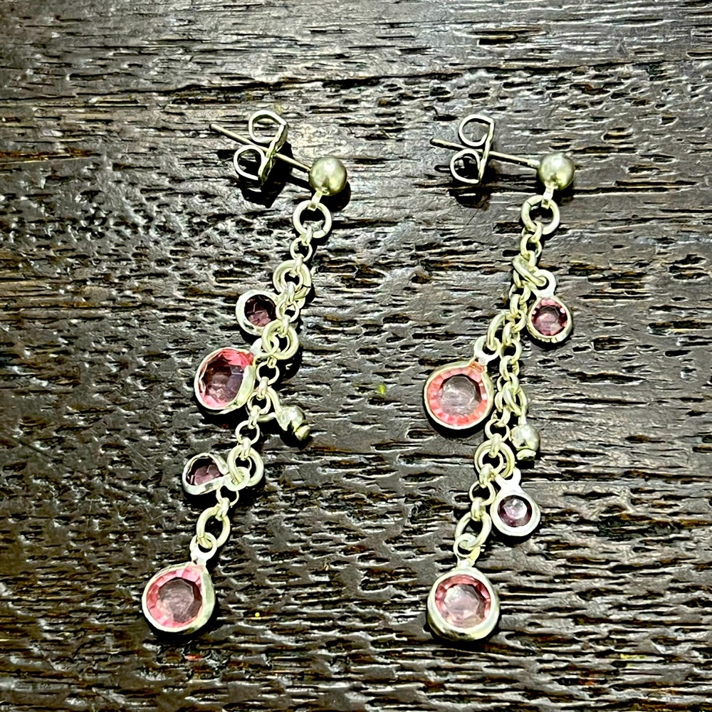 Lovely 925 sterling silver pink crystal drop earring with charmed details!